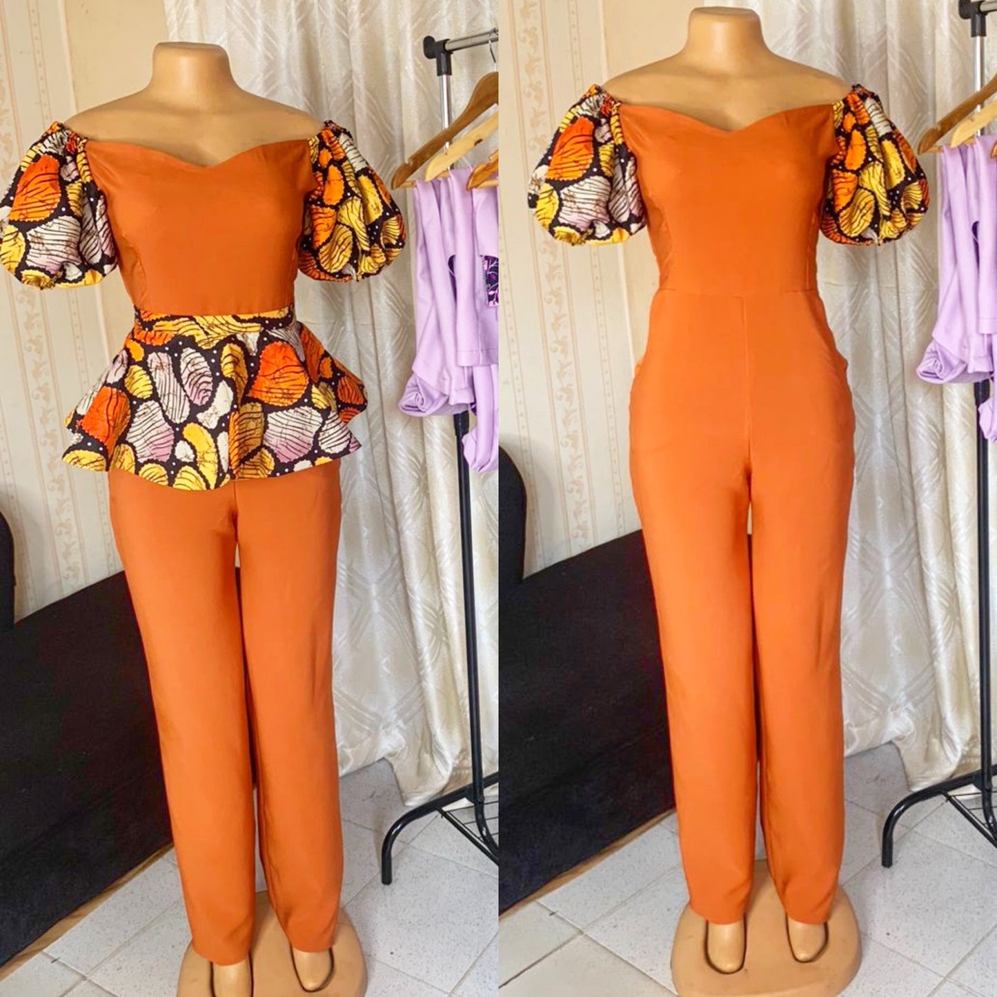 Dami Jump Suit With African Print Peplum Belt (Orange)