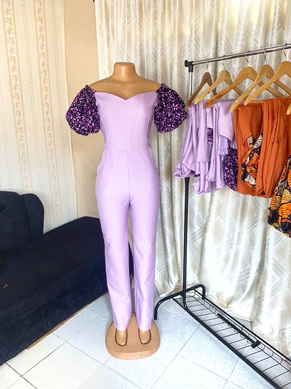 Dami Jump Suit With African Print Peplum Belt (Purple)