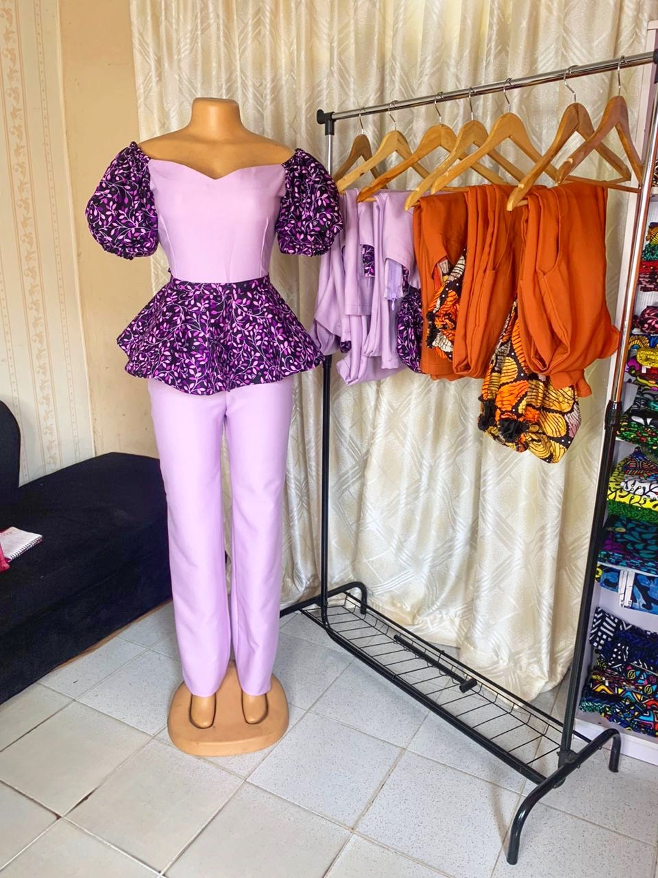 Dami Jump Suit With African Print Peplum Belt (Purple)