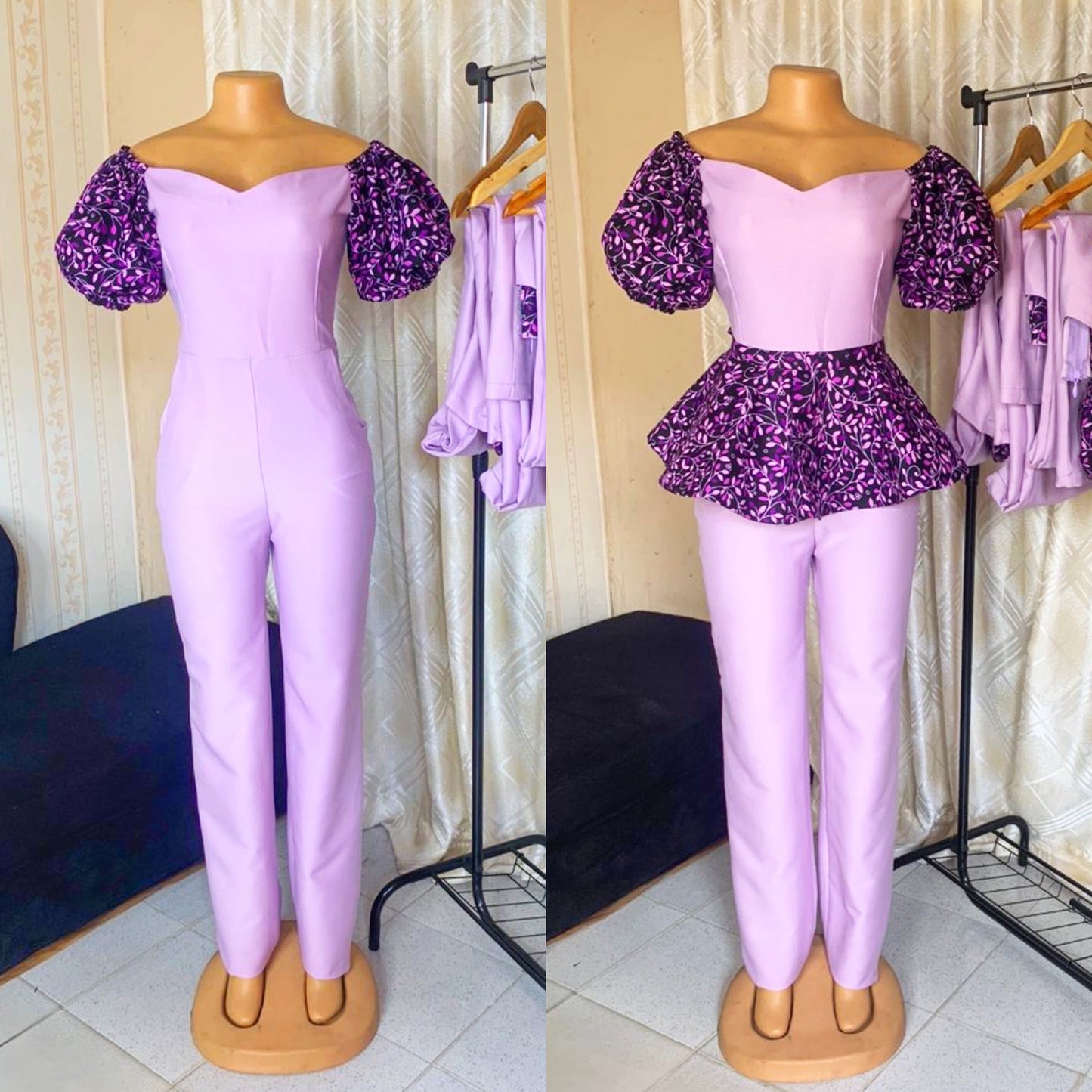 Dami Jump Suit With African Print Peplum Belt (Purple)