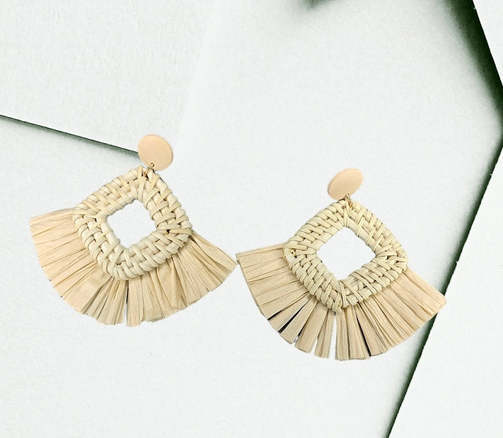 Hand Woven Rattan Flat Drop Earrings