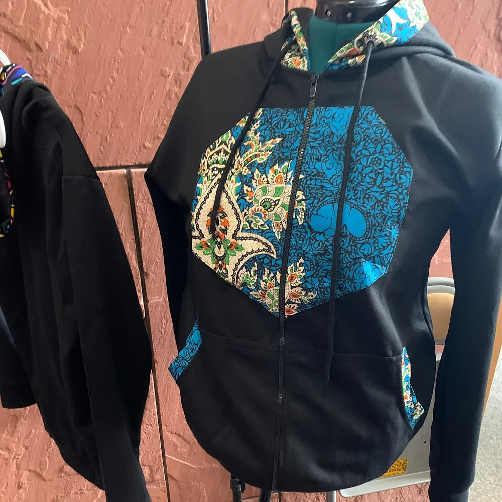 Ugo Ankara Hoodie With African Print Patches(Zip)