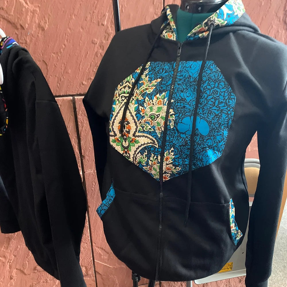 Ugo Ankara Hoodie With African Print Patches(Zip)